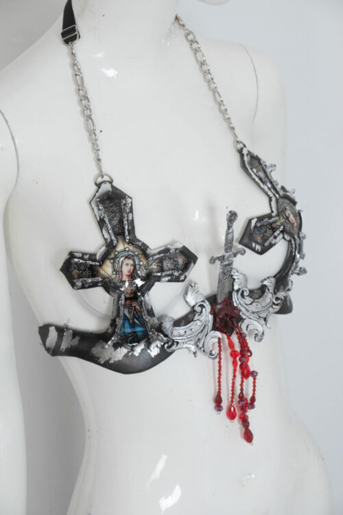 stained glass bra in silver with holy ornaments - by candy makeup artist