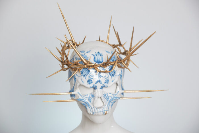 Delft blue porcelain skull mask - candy makeup artist